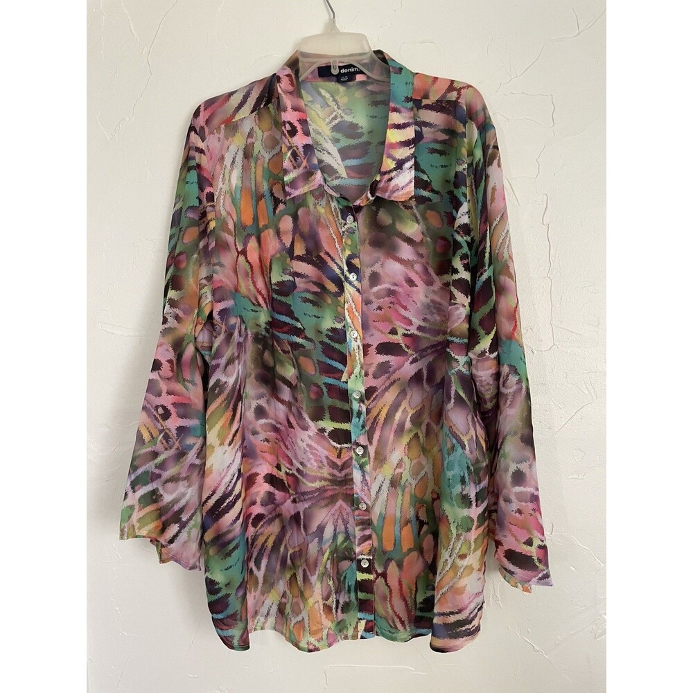 Denim 24/7 Women’s 32W Purple Floral Sheer Tunic Blouse Bell Sleeve Plus